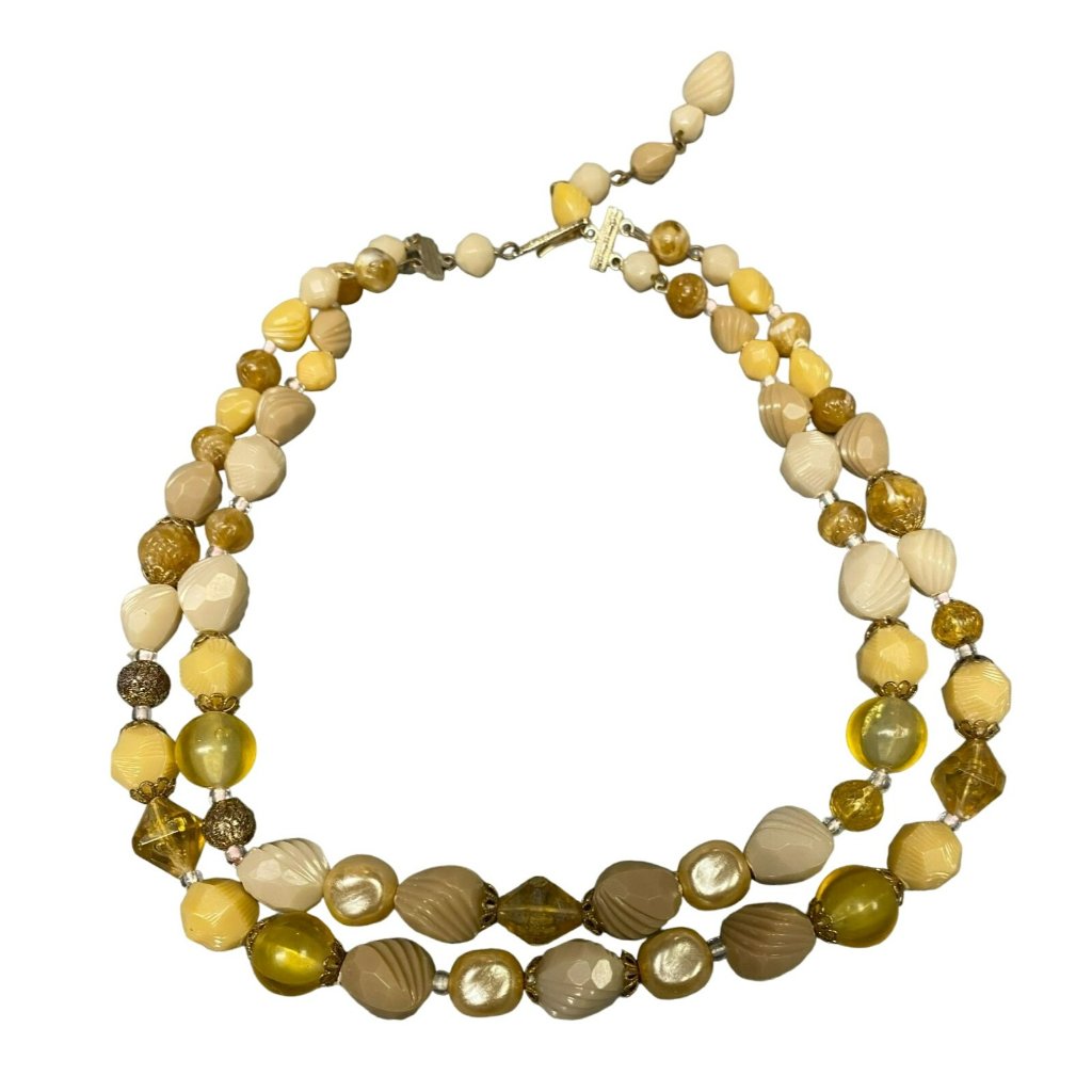 Vintage Signed W. Germany Two Strand Yellow White Brown Beaded Mcm Choker Neckla